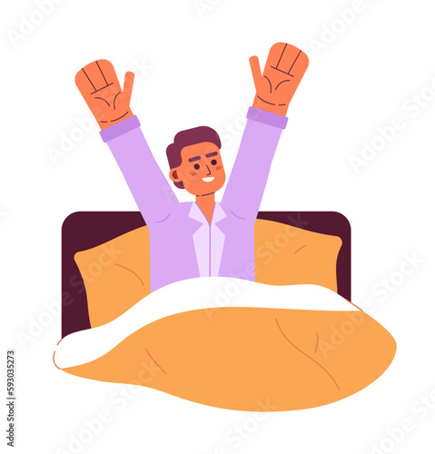 Happy man waking up in bed semi flat colorful vector character. Feeling refreshed after sleep. Editable half body person on white. Simple cartoon spot illustration for web graphic design and animation