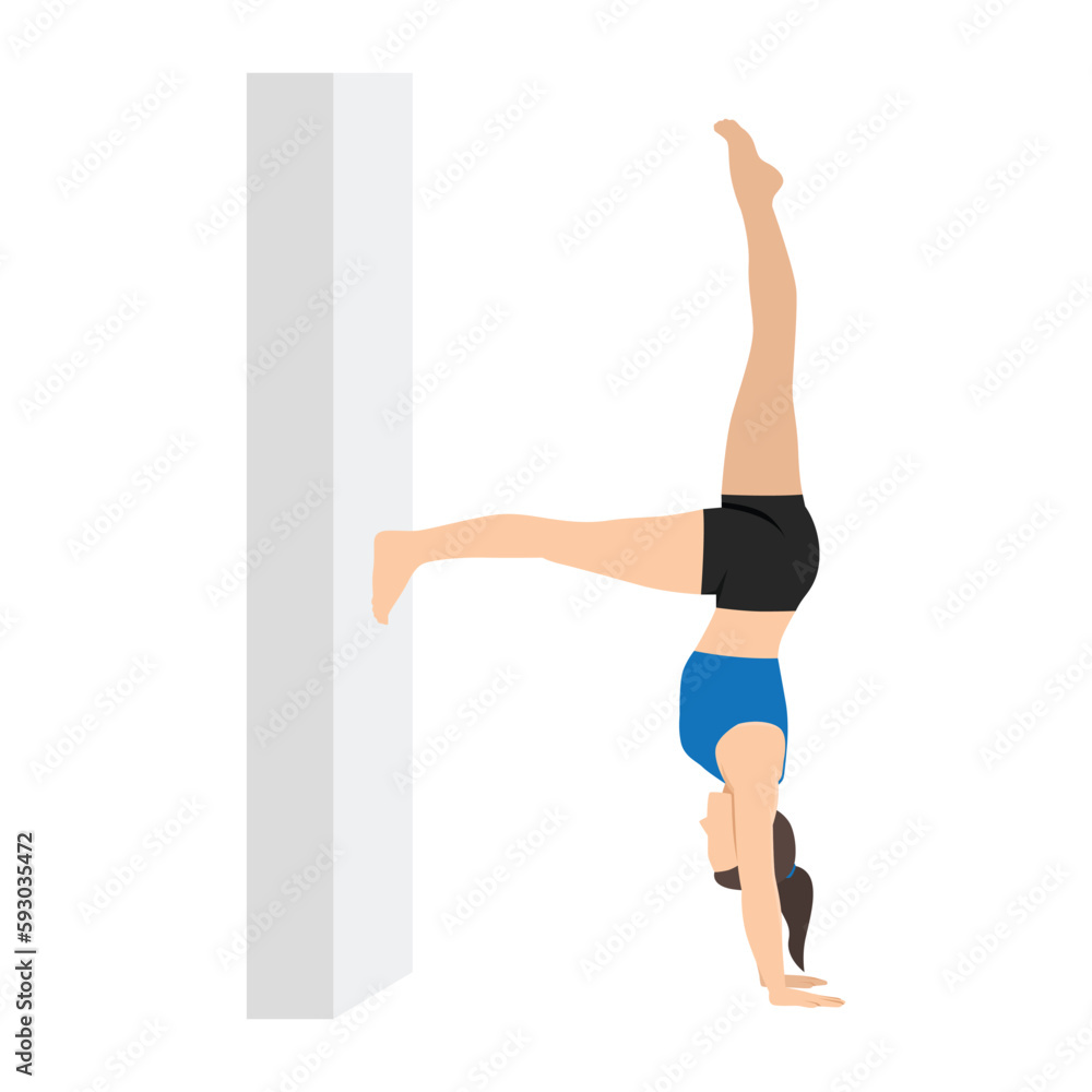 Half Handstand at Wall, Side Plank Variation Half Handstand at Wall. Woman practice Kapinjalasana, Vasisthasana Variation Hand To Toe Knee Bent.