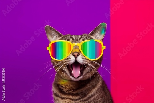 Cat open mouth with sunglasses on colorful background. Generative AI