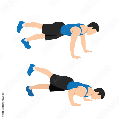 Man doing raised one legged or leg push up. Flat vector