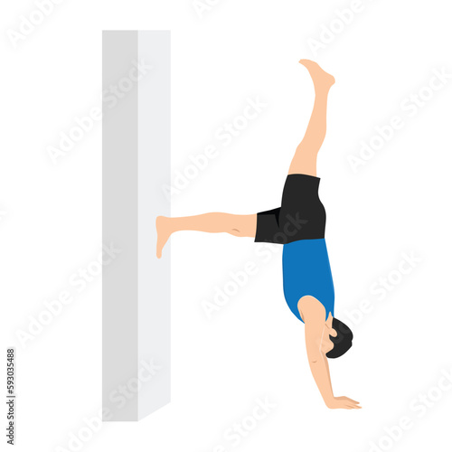 Half Handstand at Wall, Side Plank Variation Half Handstand at Wall. Man practice Kapinjalasana, Vasisthasana Variation Hand To Toe Knee Bent.