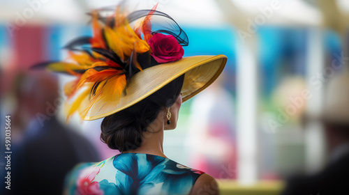 Photo woman in beautiful hat at ascot racecourse, attending horse racing from behind
