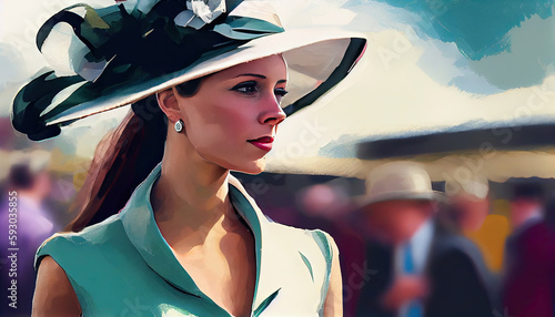woman in beautiful hat at ascot racecourse, attending horse racing photo