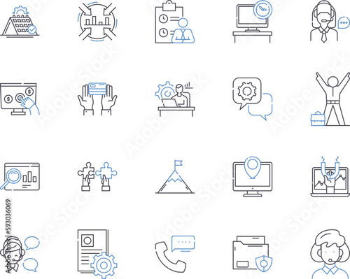 Working team outline icons collection. Collaborative, Unit, Cooperative, Productive, Efficient, Effective, Unified vector and illustration concept set. Group, Members, Professional linear signs