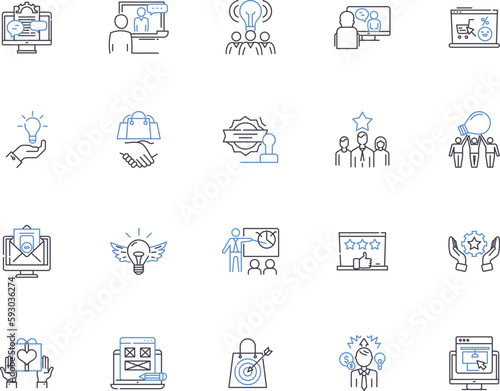 Marketing concept outline icons collection. Strategy, Promotion, Customers, Segmentation, Brand, Research, Targeting vector and illustration concept set. Advertising, Perception, Social linear signs