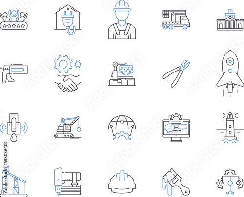 Builder and industry outline icons collection. Builder, Industry, Construction, Development, Foreman, Architect, Contractor vector and illustration concept set. Craftsman, Technician, Site linear