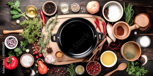 Ingredients in a cooking pot are prepared to create a delicious meal - generative ai.