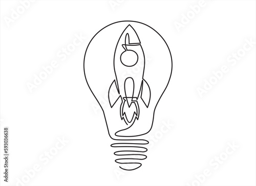 Continuous one single line drawing of Rocket launching to space with light bulb, launching a creative idea, a scientific invention or a research light bulb, starting a new business.