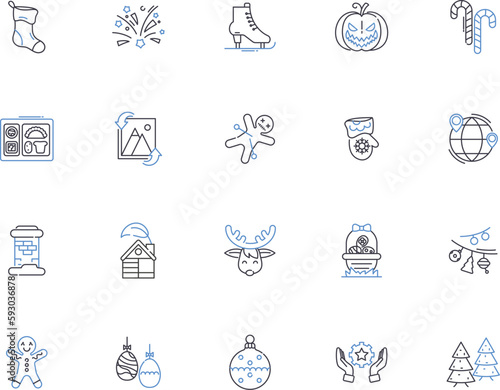 Winter holidays outline icons collection. Christmas, New Year, Snow, Skiing, Reindeer, Elves, Sleigh vector and illustration concept set. Frost, Carols, Hanukkah linear signs