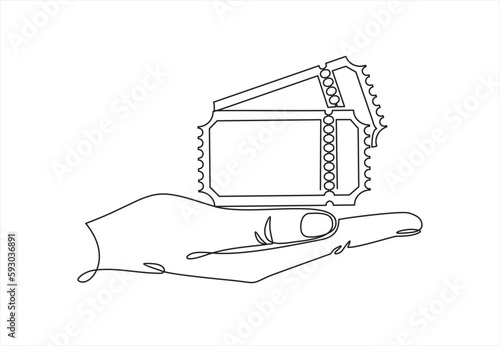 Single continuous line drawing of hand holding a tickets. One line draw design graphic vector illustration.