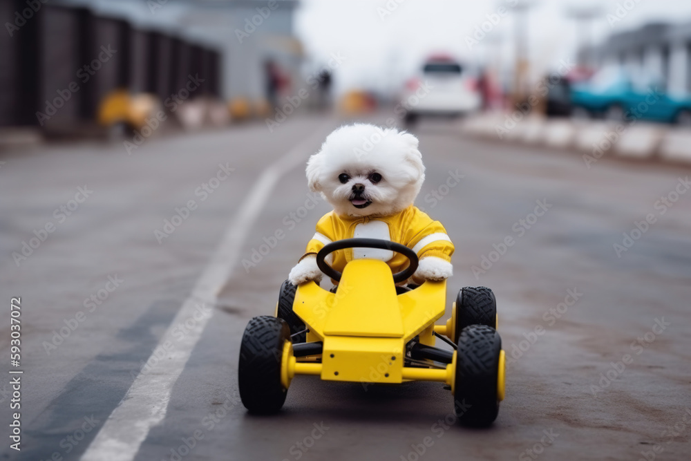 cute white puppy riding yellow formula 1 car, Generative AI cute white puppy riding yellow formula 1 car, Generative AI