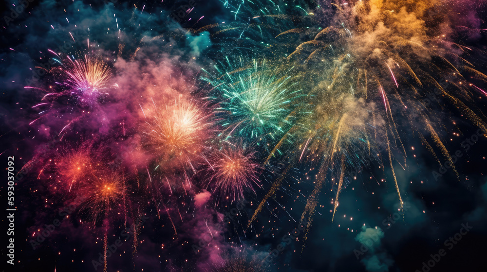Fototapeta premium Celebration multicolored fireworks, copy space. 4 of July, 4th of July, Independence Day beautiful fireworks. Canada Day holidays salute. New Year celebration colorful fireworks.