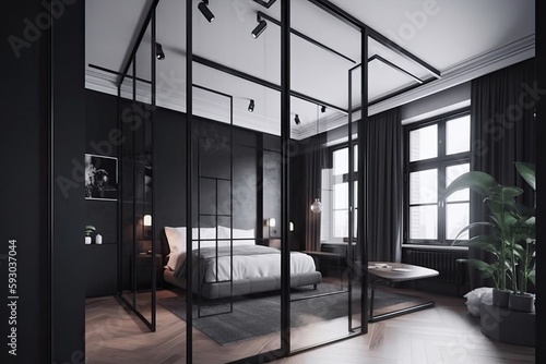 contemporary bedroom with light interior and a mirror. Generative AI © Vusal