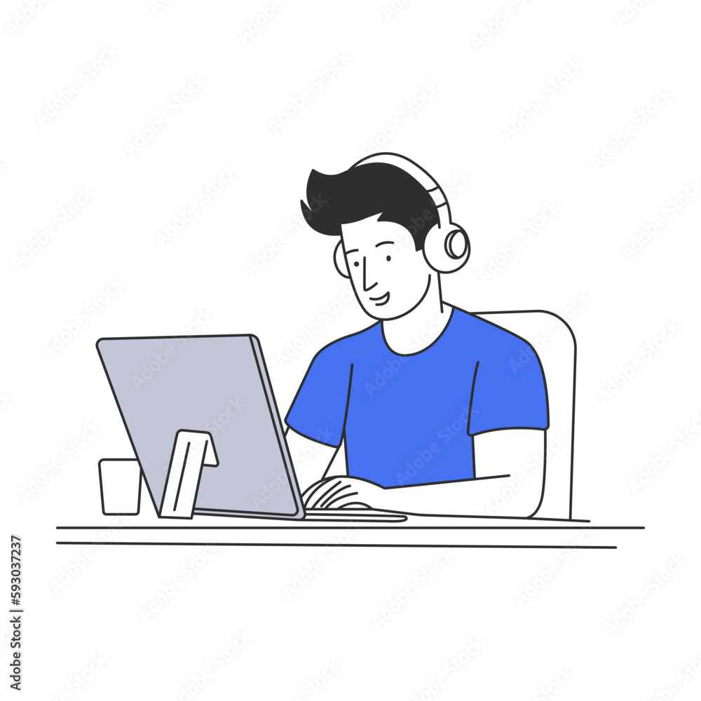 Remote assistance and online support. Male avatar of the virtual assistants. Minimal line art style. Vector illustration. Remote assistance and online support. Male avatar of the virtual assistants. Minimal line art style. Vector illustration.