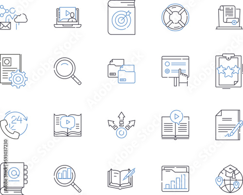 Knowledge management outline icons collection. Knowledge, Management, Storage, Sharing, Synthesis, Creation, Acquisition vector and illustration concept set. Analysis, Organization, Classification