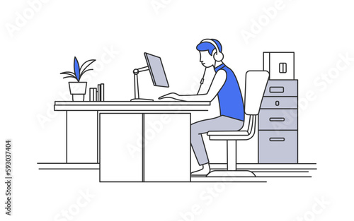 Inbound and outbound calls. Male avatar of the call center agents. Cartoon style line art. Vector illustration.