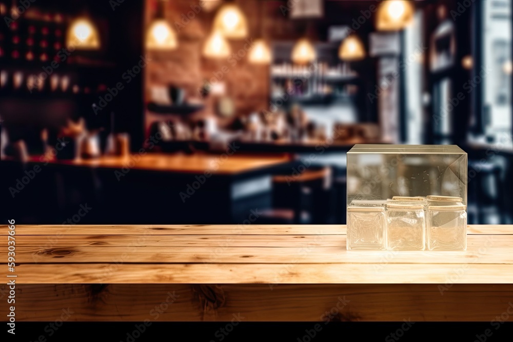 A wood table is illuminated in crystal clear brightness against a distant, fuzzy backdrop of a coffee shop. Montage prototype for a product display. Generative AI