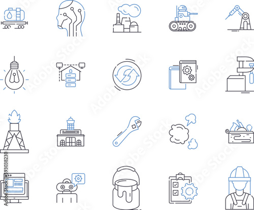 Builder and industry outline icons collection. Builder, Industry, Construction, Development, Foreman, Architect, Contractor vector and illustration concept set. Craftsman, Technician, Site linear
