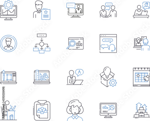 Corporation workflow outline icons collection. Corporate, Workflow, Process, Management, Automation, Systems, Analysis vector and illustration concept set. Data,Productivity,Business linear signs