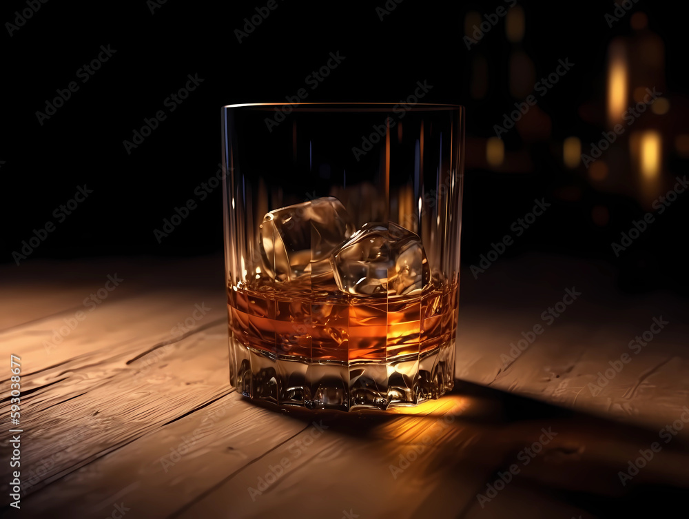 Glass Of Whiskey On The Rocks On A Wooden Table.. Created by Generative AI