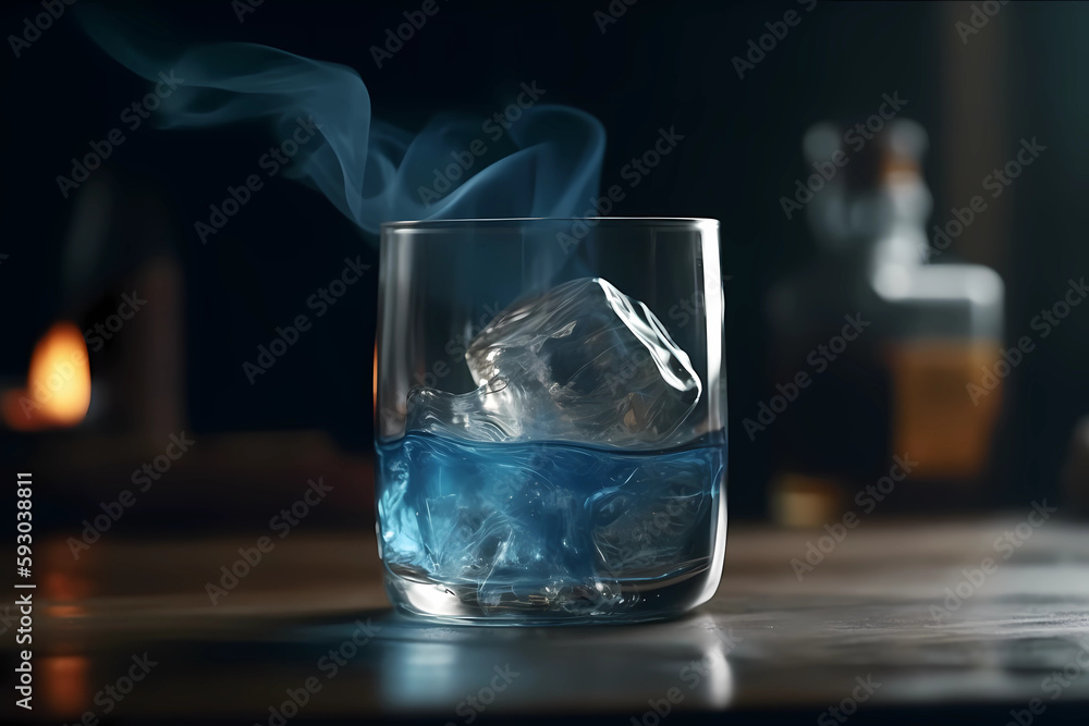 Smoke Coming Out Of A Glass Of Blue Whiskey On The. Created by Generative AI