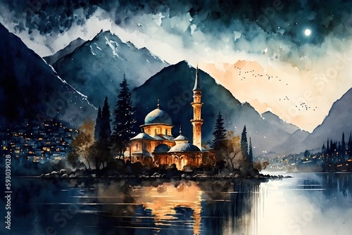 Beautiful Watercolor Drawing of Muslim Village Landscape. Created with Generative AI technology