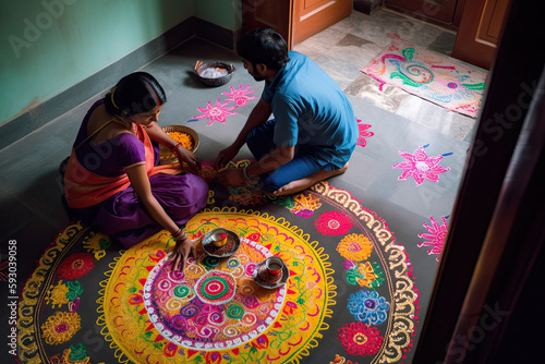 two people sitting on the floor in front of a colorful rang rang rang art design for diwali festival. Generative AI