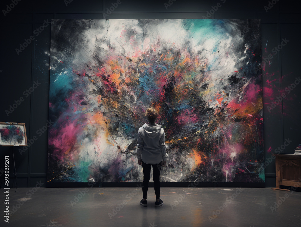Fototapeta premium Young street artist woman standing in front of her immortalized creation, a vibrant colorful mural - Generative AI