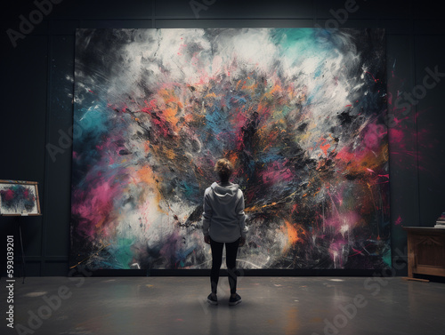 Young street artist woman standing in front of her immortalized creation, a vibrant colorful mural - Generative AI