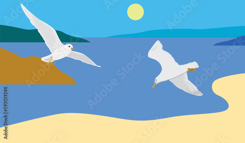 Vector of seagulls flying over a beach on a sunny day