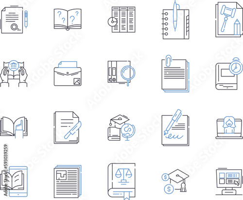 Book and science outline icons collection. Book, Science, Reading, Writing, Literature, History, Publishing vector and illustration concept set. Edition, Distribution, Printing linear signs