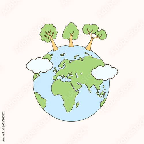 illustration of earth globe with trees and clouds, world earth day.