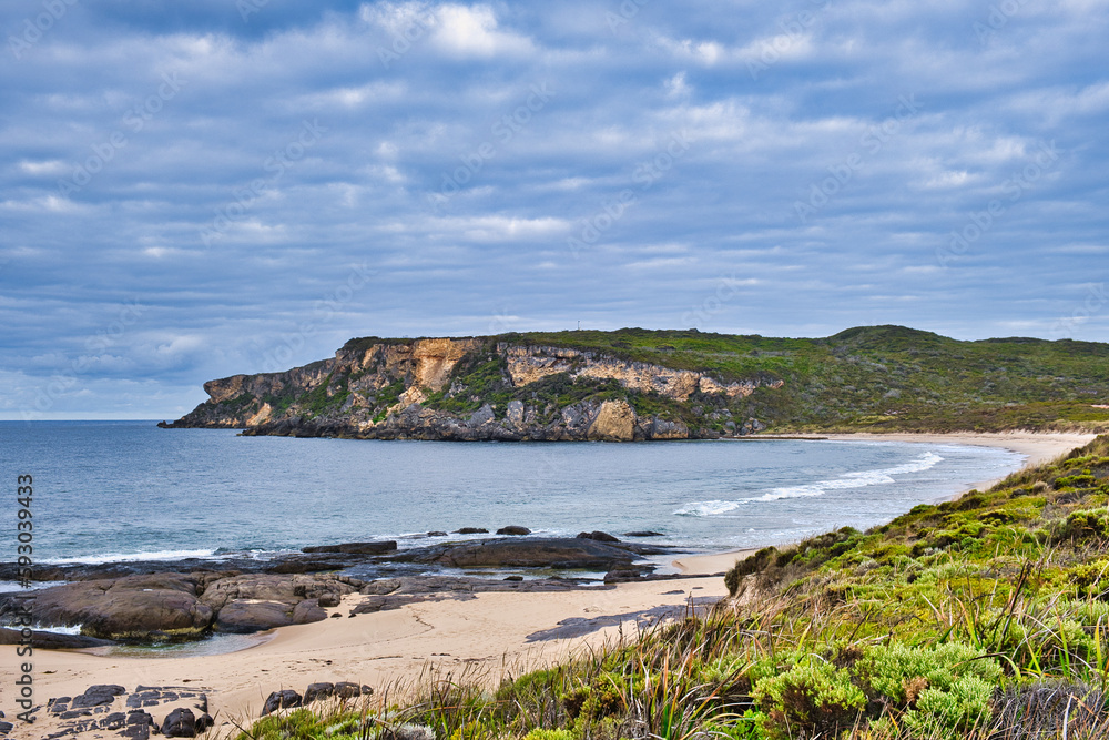 Coastal scenery: bay with deserted beach and high limestone cliffs. Cathedral Rock Beach, Windy Harbour,  shire of Manjimup, south coast of Western Australia
