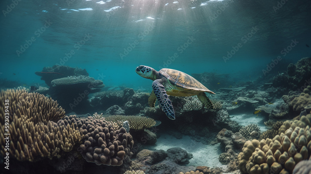Fototapeta premium Calm sea turtle swimming amongst the coral reefs just under the surface, sunlight breaking through the waves - Generative AI