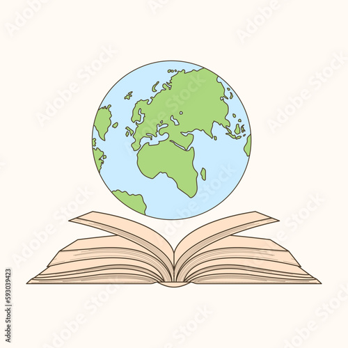 globe illustration on top of book, earth day celebration.