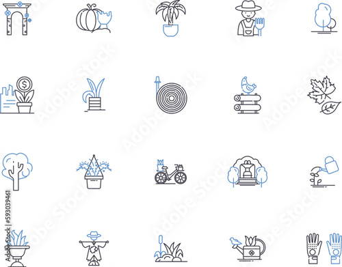 Agriculture outline icons collection. Farming, Cropping, Horticulture, Livestock, Produce, Tillage, Irrigation vector and illustration concept set. Plantation, Harvesting, Pests linear signs