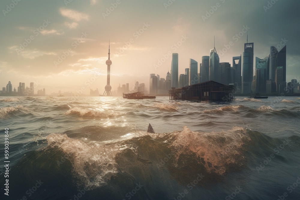 apocalyptic future with sea level rise on Chinese wall due to global ...
