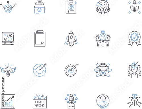 Goals outline icons collection. Aims, Objectives, Targets, Ambitions, Aspirations, Hopes, Intents vector and illustration concept set. Outcomes, Purposes, Endeavors linear signs