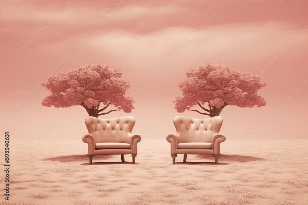 A seat and two trees are shown in monochrome on a pink background. Generative AI