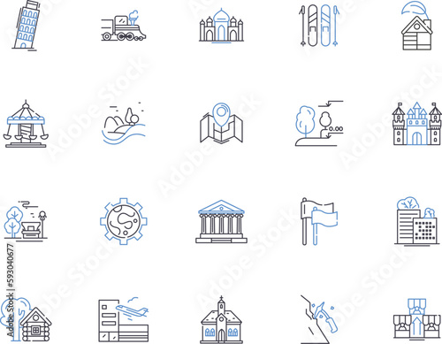 World travel outline icons collection. tourism, journey, trips, explorer, expeditions, wanderlust, cruises vector and illustration concept set. explorer, flight, excursions linear signs