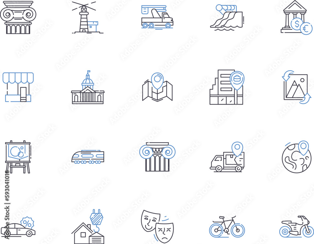 Naklejka premium City outline icons collection. Town, Metropolis, Urban, Municipality, Settlement, Population, Isolated vector and illustration concept set. Community, Area, Abode linear signs