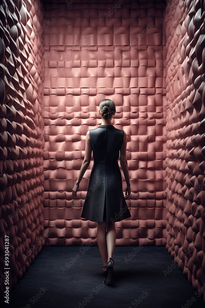 Generative AI illustration of Elegant and attractive 30-year-old woman with her back turned to a futuristic wall dressed in a luxurious leather dress Generative AI illustration of Elegant and attractive 30-year-old woman with her back turned to a futuristic wall dressed in a luxurious leather dress