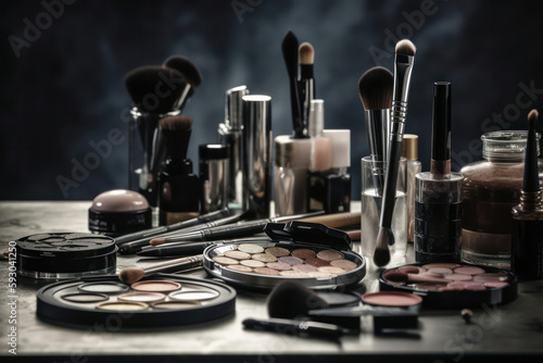 Murais de parede makeup brushes at the workplace of the make-up artist next to the cosmetics
