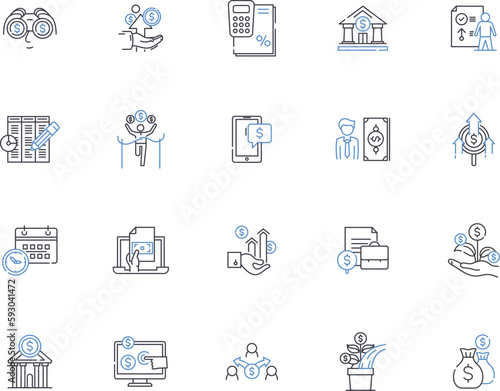 Credit outline icons collection. Credit, Loans, Cards, Banking, Score, History, Debt vector and illustration concept set. Fraud, Investment, APR linear signs