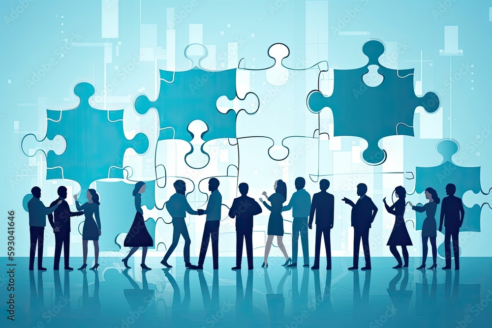 business concept. concept of cooperation. humans fit together like jigsaw puzzle parts. Internet-based examples. Generative AI business concept. concept of cooperation. humans fit together like jigsaw puzzle parts. Internet-based examples. Generative AI