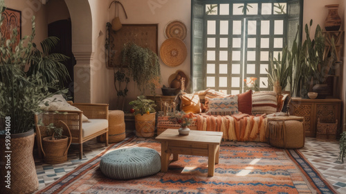 Bohemian Living Room with Warm Tones and Plants - ai generative