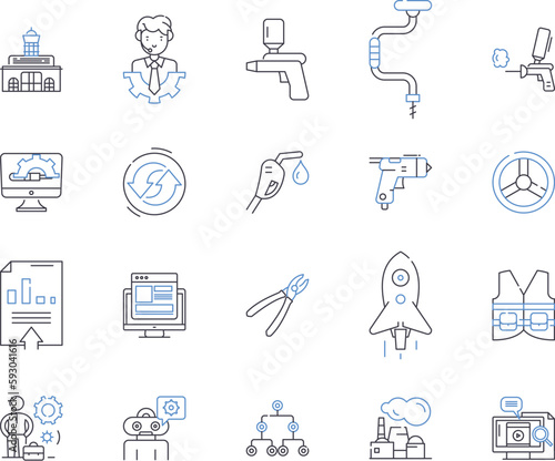 Builder production outline icons collection. Constructor, Fabricator, Manufacturer, Assembler, Producer, Carpentry, Craftsman vector and illustration concept set. Artisan, Joiner, Craftsmanship linear