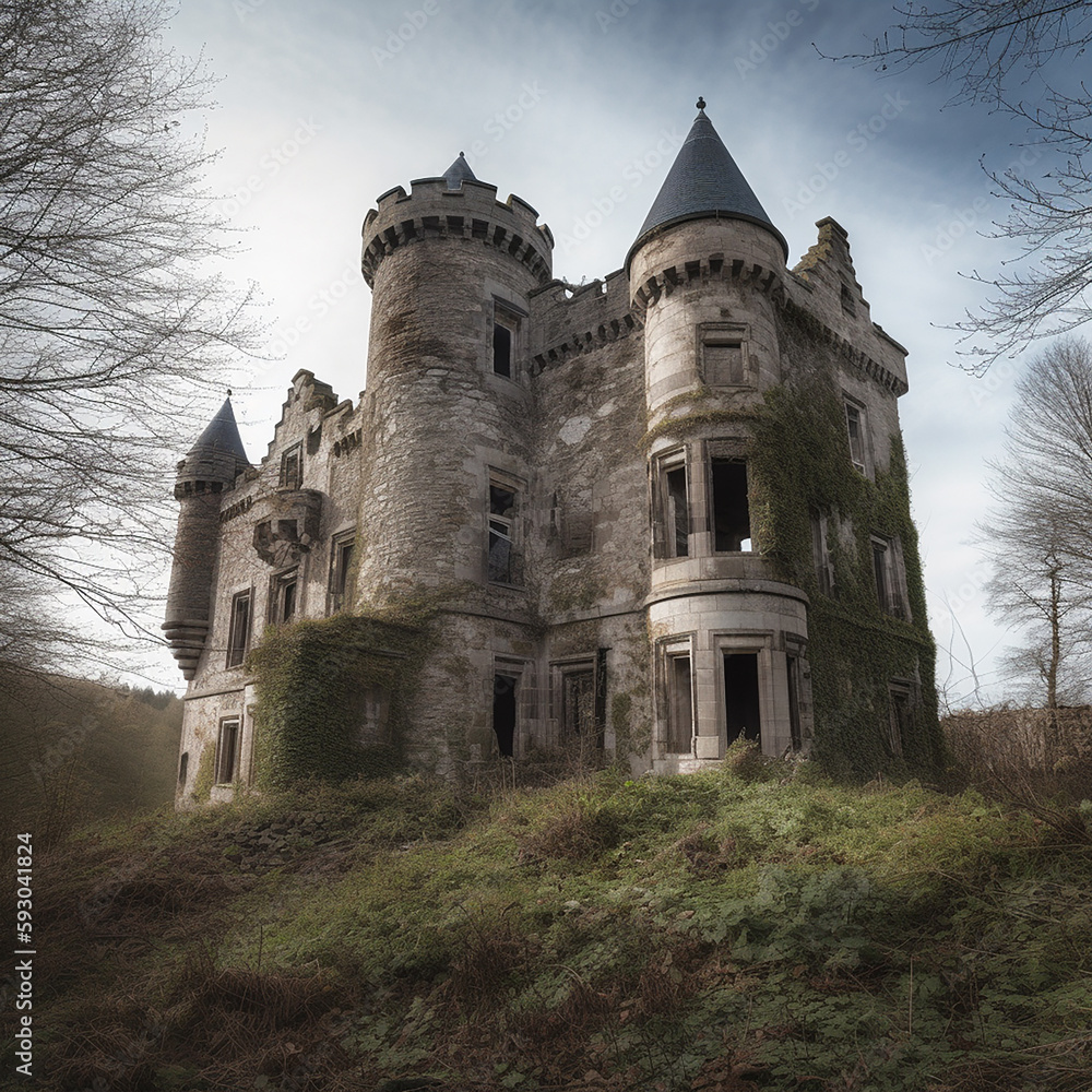 Abandoned castle or real estate in forest. Generative AI
