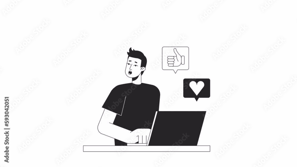 Social media overwhelm bw animation. Guy looking away from laptop isolated 2D flat monochromatic thin line character 4K video footage on white with alpha channel transparency for web design Social media overwhelm bw animation. Guy looking away from laptop isolated 2D flat monochromatic thin line character 4K video footage on white with alpha channel transparency for web design
