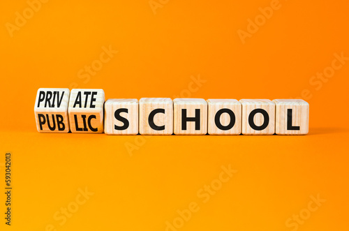 Public or private school symbol. Concept word Public school Private school on wooden cubes. Beautiful orange background. Education Public or private school concept. Copy space.